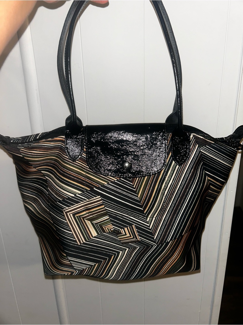 Longchamp Black Multicolor Geometric Stripe Satchel